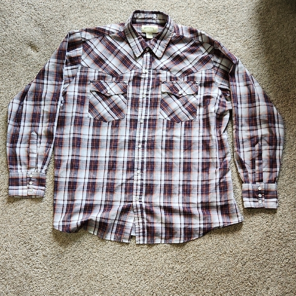 Men's Western Pearl Snap Plaid Shirt-Dark Navy/Orange/Gray XXL - Picture 1 of 5